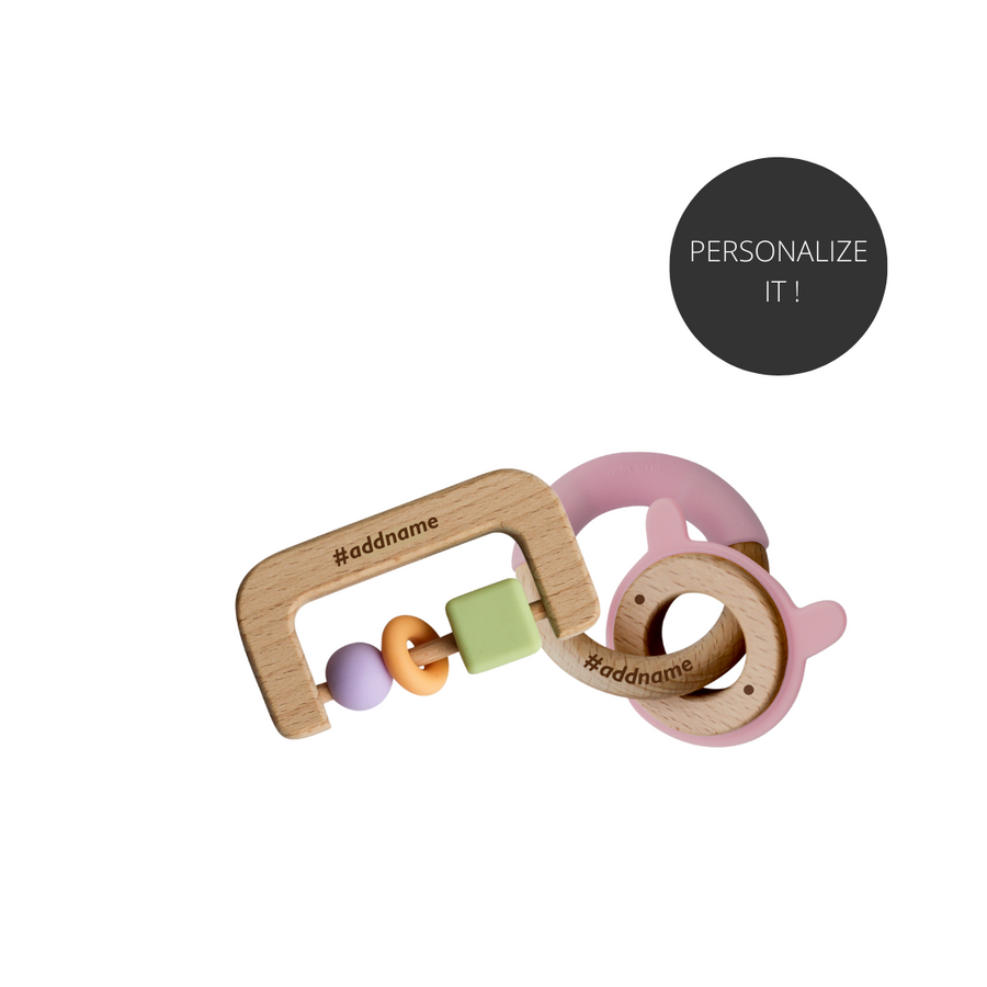 Little Rawr - Wood + Silicone Disc & Ring Teether & D Shape Teether Combo - Pink - Sohii India