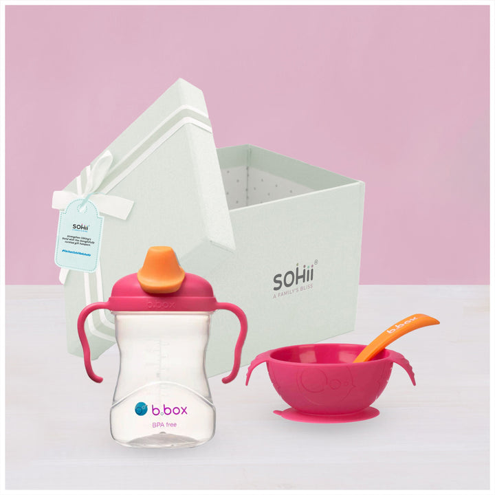 B.Box Soft Spout Cup + Silicone Suction Feeding Bowl Set with Spoon  Strawberry Shake Pink Orange
