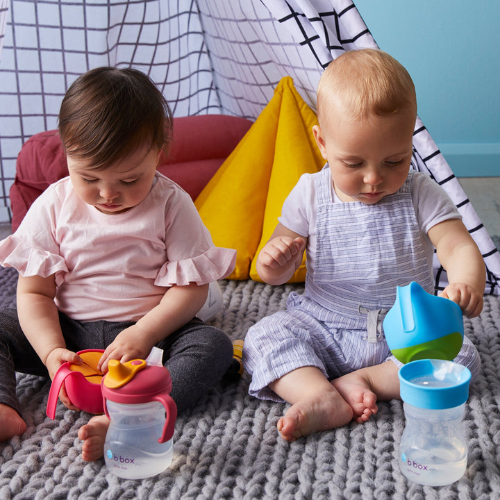 B.Box Smock Bib + Training Cup 240ml +  Silicone Suction Feeding Bowl Set with Spoon Strawberry Shake Pink Orange