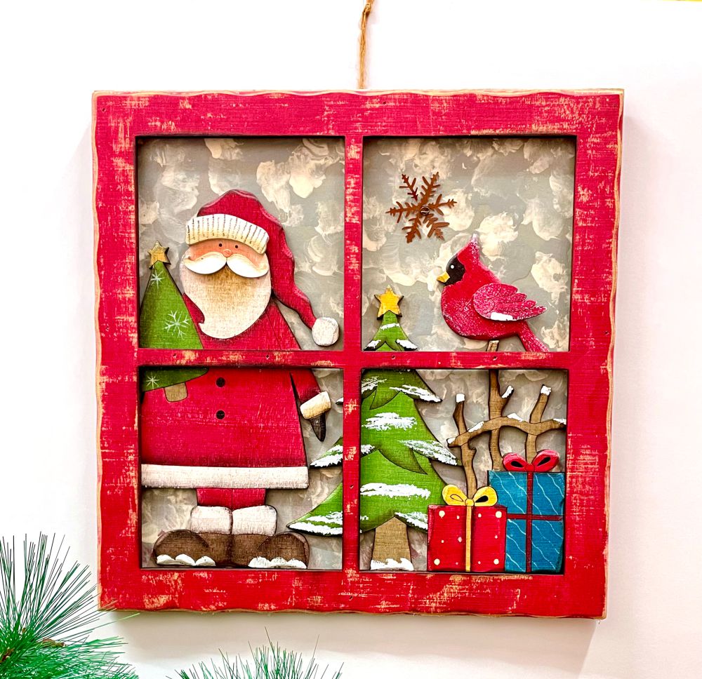 Babble Wrap Wooden Santa In A Window Frame Wall/Door Hanging