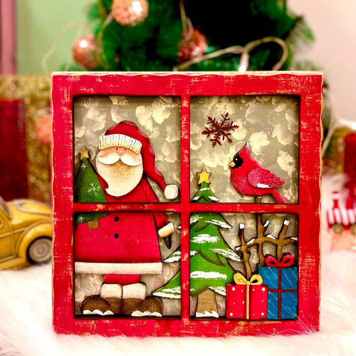 Babble Wrap Wooden Santa In A Window Frame Wall/Door Hanging