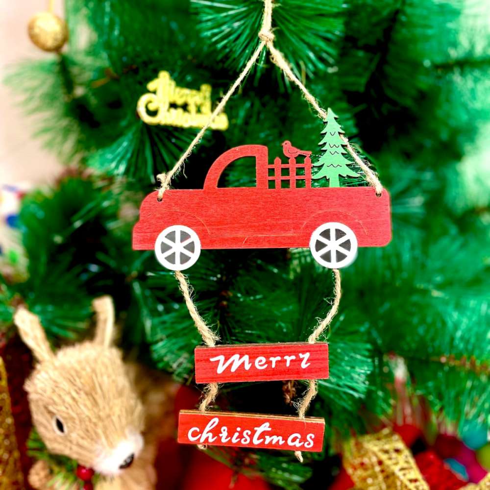 Wooden Merry Christmas Truck Ornament - Red