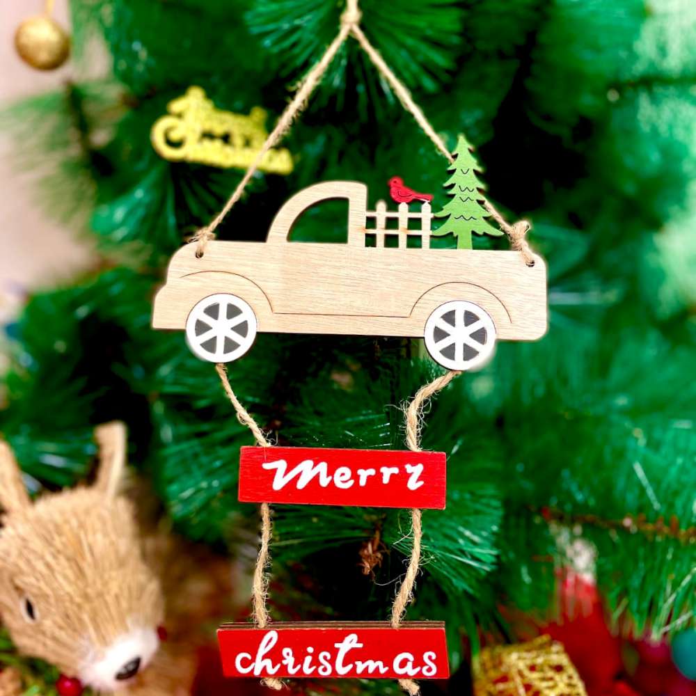 Babble Wrap Wooden Merry Christmas Truck Ornament - Cream