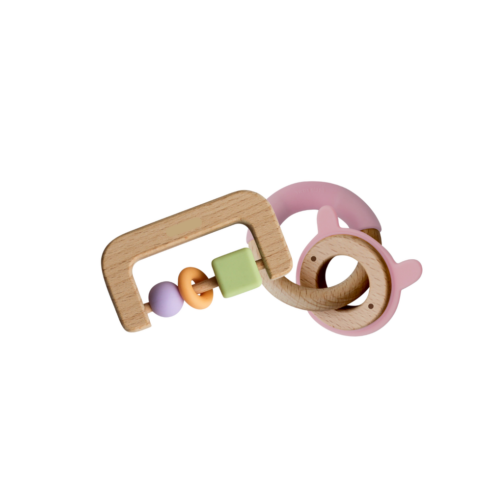 Little Rawr - Wood + Silicone Disc & Ring Teether & D Shape Teether Combo - Pink - Sohii India