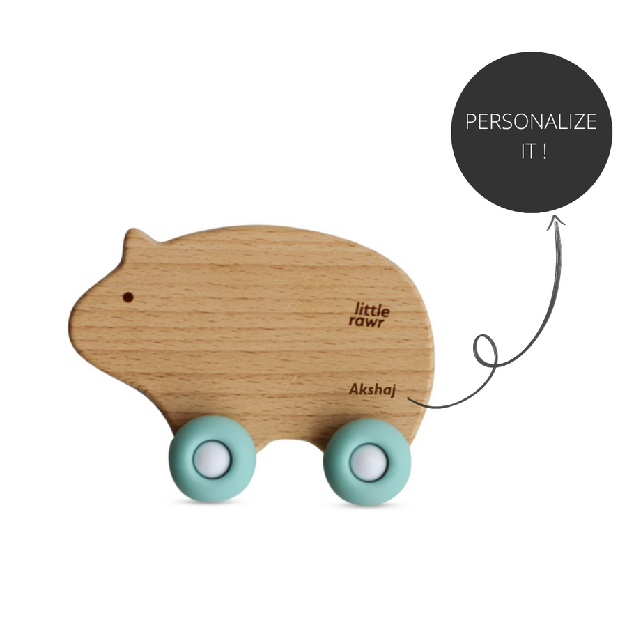 Little Rawr Wood Wheelie Animal- BEAR Shape- Blue - Sohii India