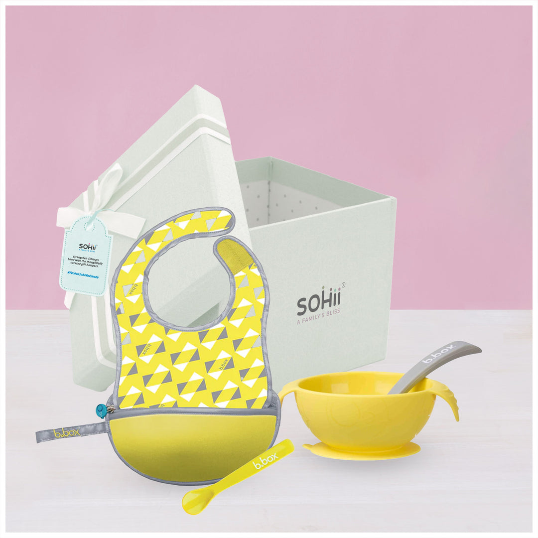 Travel Bib & Flexible Soft Bite Spoon Set + Silicone Suction Feeding Bowl Set with Spoon Lemon Sherbet Yellow Grey