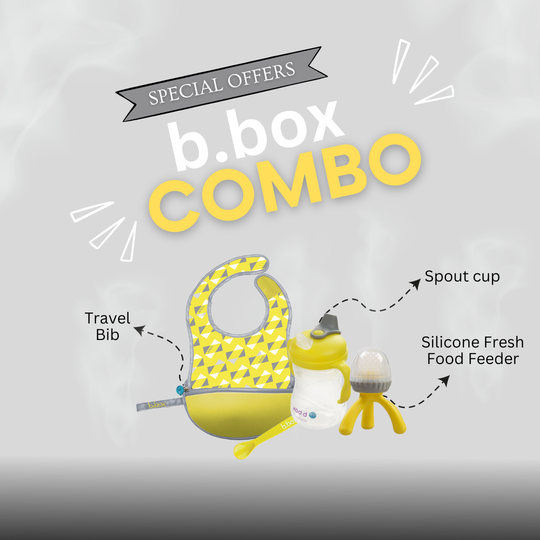 B.Box Rug Rat Combo- Travel Bib & Silicone Fresh Food Feeder Yellow Grey