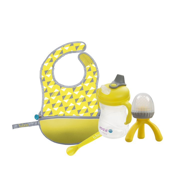 B.Box Rug Rat Combo- Travel Bib & Silicone Fresh Food Feeder Yellow Grey
