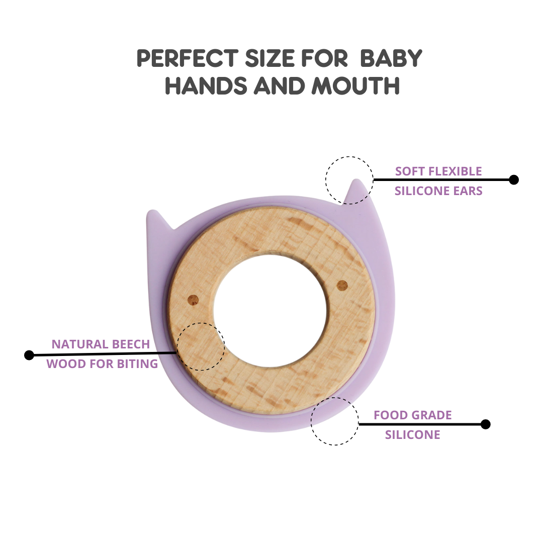 Little Rawr Wood + Silicone Disc Teether- KITTY Shape- Purple - Sohii India