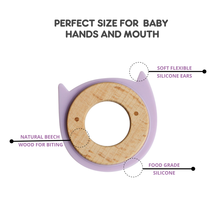 Little Rawr Wood + Silicone Disc Teether- KITTY Shape- Purple - Sohii India