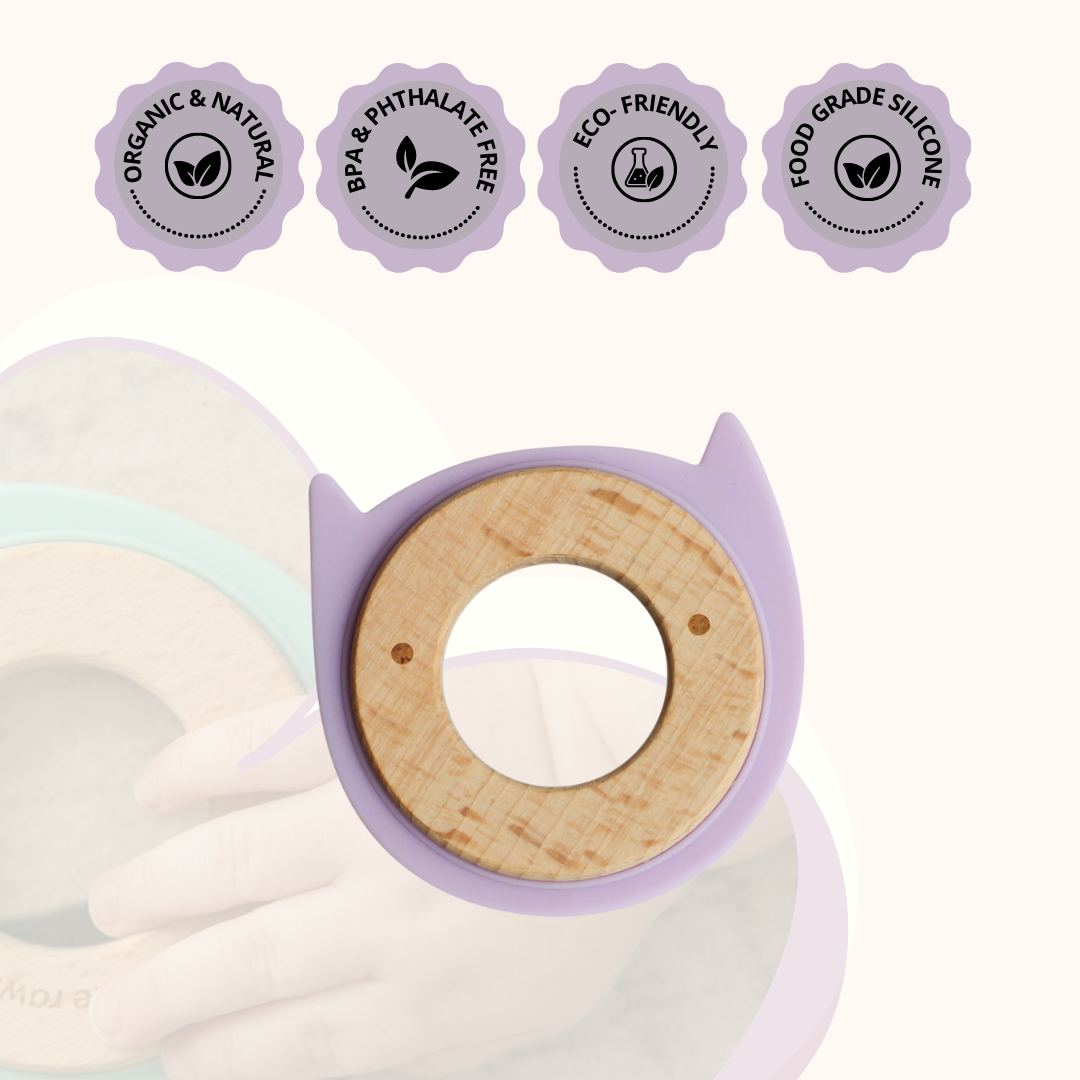 Little Rawr Wood + Silicone Disc Teether- KITTY Shape- Purple - Sohii India