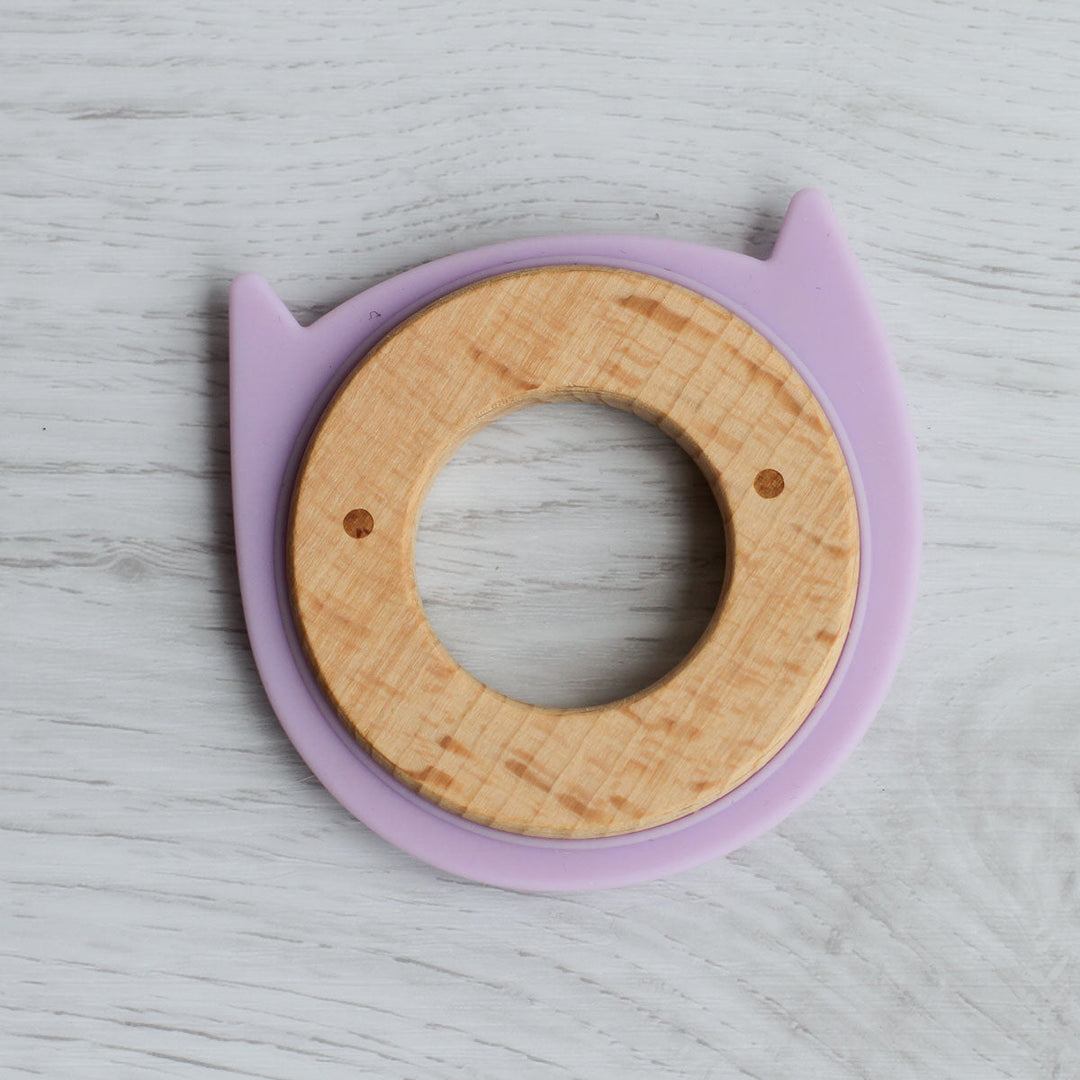 Little Rawr Wood + Silicone Disc Teether- KITTY Shape- Purple - Sohii India