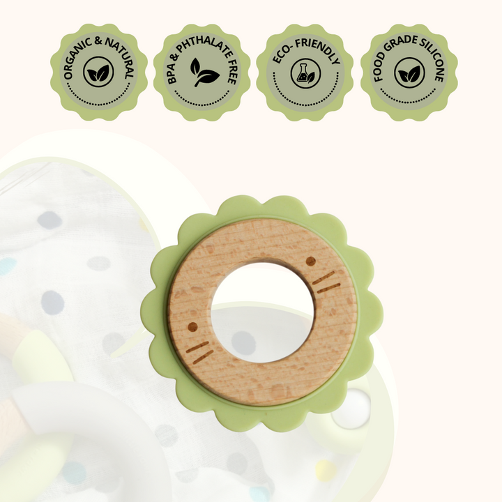 Little Rawr Wood + Silicone Disc Teether- LION Shape- Green - Sohii India