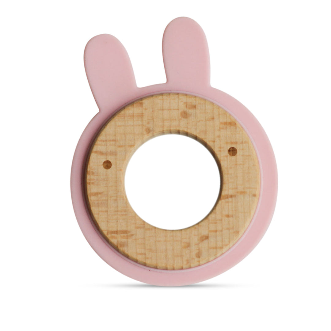 Little Rawr Wood + Silicone Disc Teether- RABBIT Shape- Pink - Sohii India