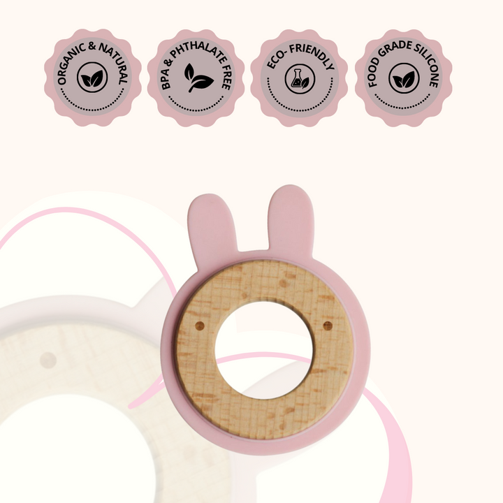 Little Rawr Wood + Silicone Disc Teether- RABBIT Shape- Pink - Sohii India