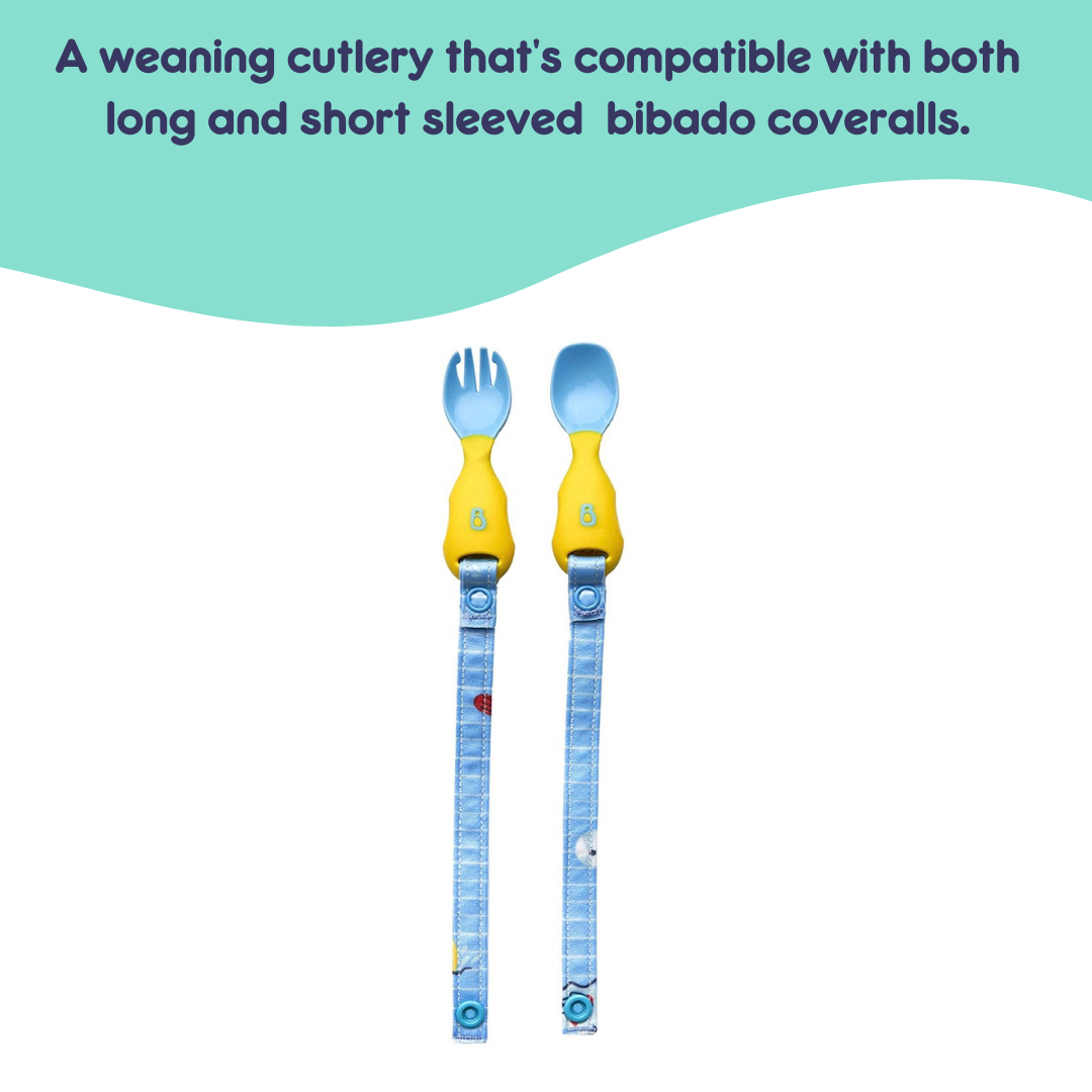 Bibado Handi Cutlery- Attachable Weaning Cutlery Set Ducklings Pool Party Blue