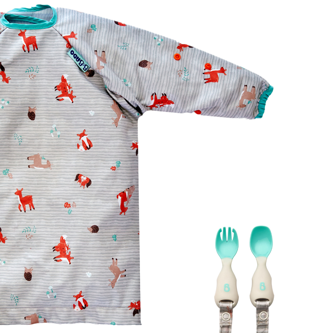 Long Sleeve Coverall & Attachable Handi Cutlery Bundle Woodland Friends Grey