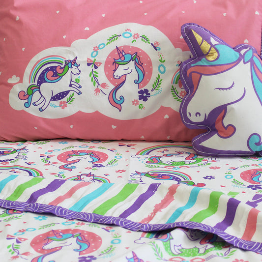 Unicorn & Rainbows Bundle of Joy Single/Double Bedsheet with Pillow Cover, Reversible Blanket & Cushion (Can be Personalised)