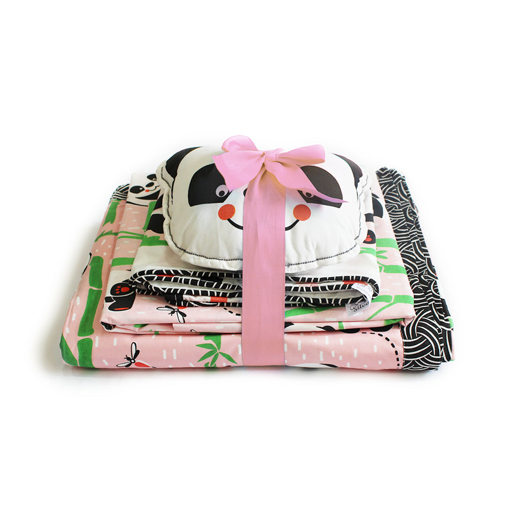 Panda Village Bundle of Joy Single/Double Bedsheet with Pillow Cover, Reversible Blanket & Cushion - Pink (Can be Personalised)