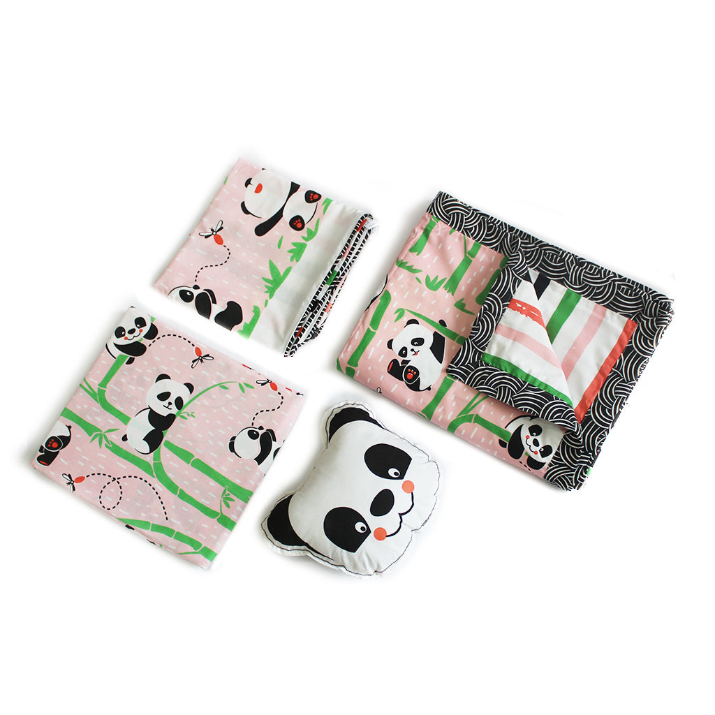 Panda Village Bundle of Joy Single/Double Bedsheet with Pillow Cover, Reversible Blanket & Cushion - Pink (Can be Personalised)