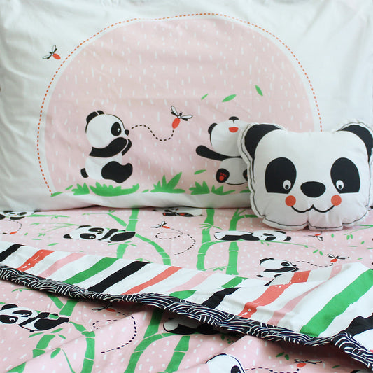 Panda Village Bundle of Joy Single/Double Bedsheet with Pillow Cover, Reversible Blanket & Cushion - Pink (Can be Personalised)
