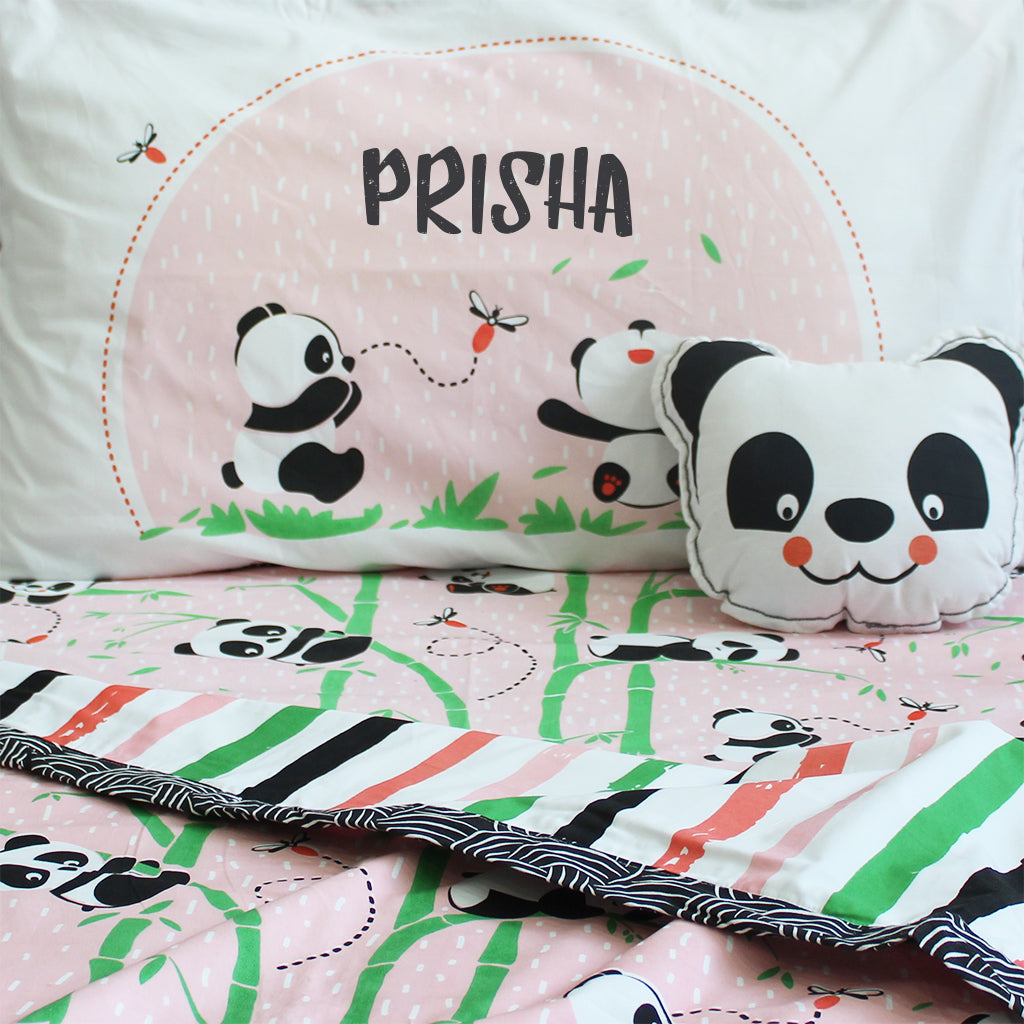 Panda Village Bundle of Joy Single/Double Bedsheet with Pillow Cover, Reversible Blanket & Cushion - Pink (Can be Personalised)