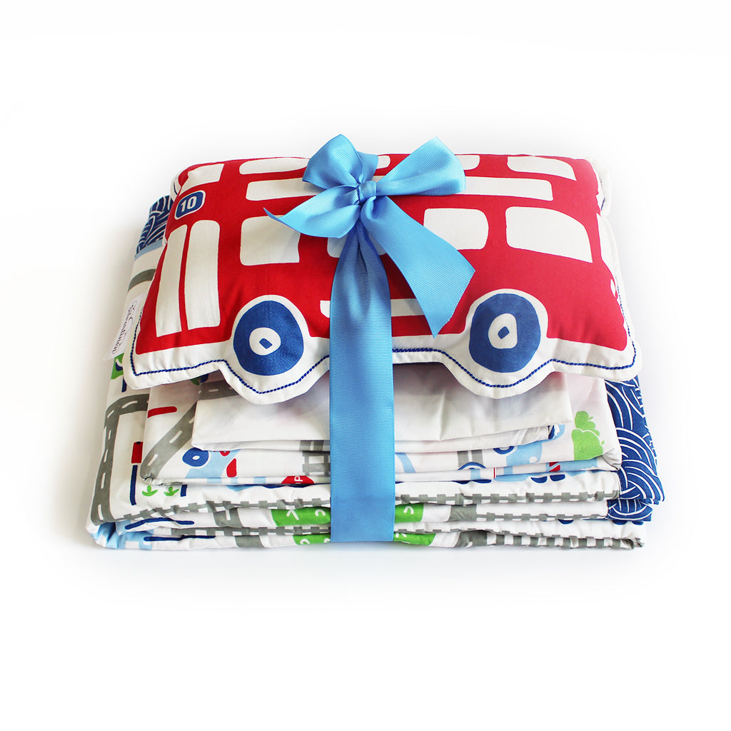 Busy Street Bundle of Joy Single/Double Bedsheet with Pillow Cover, Reversible Blanket & Cushion (Can be Personalised)