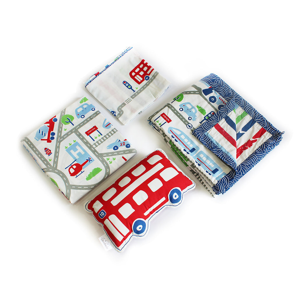 Busy Street Bundle of Joy Single/Double Bedsheet with Pillow Cover, Reversible Blanket & Cushion (Can be Personalised)