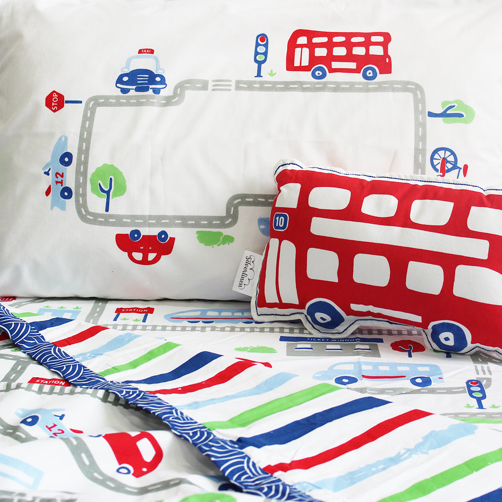 Busy Street Bundle of Joy Single/Double Bedsheet with Pillow Cover, Reversible Blanket & Cushion (Can be Personalised)