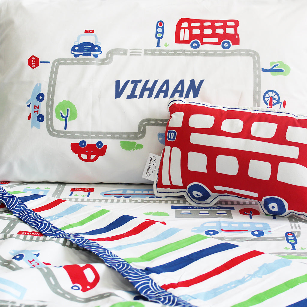 Busy Street Bundle of Joy Single/Double Bedsheet with Pillow Cover, Reversible Blanket & Cushion (Can be Personalised)