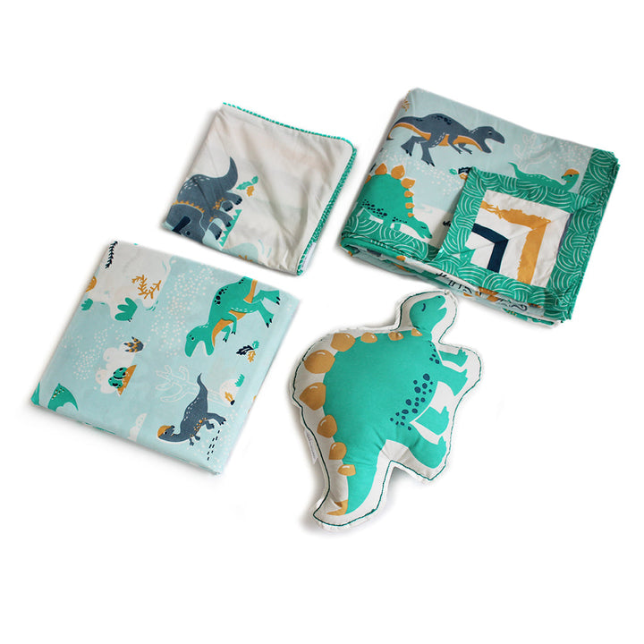 Snooze & Roar Dinosaur Bundle of Joy Single/Double Bedsheet with Pillow Cover, Reversible Blanket & Cushion (Can be Personalised)
