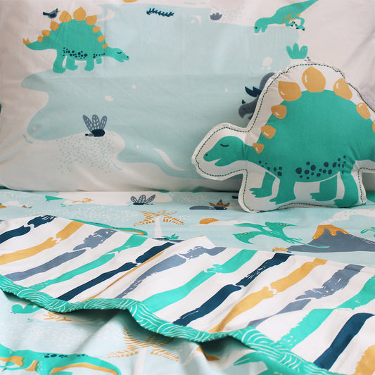 Snooze & Roar Dinosaur Bundle of Joy Single/Double Bedsheet with Pillow Cover, Reversible Blanket & Cushion (Can be Personalised)