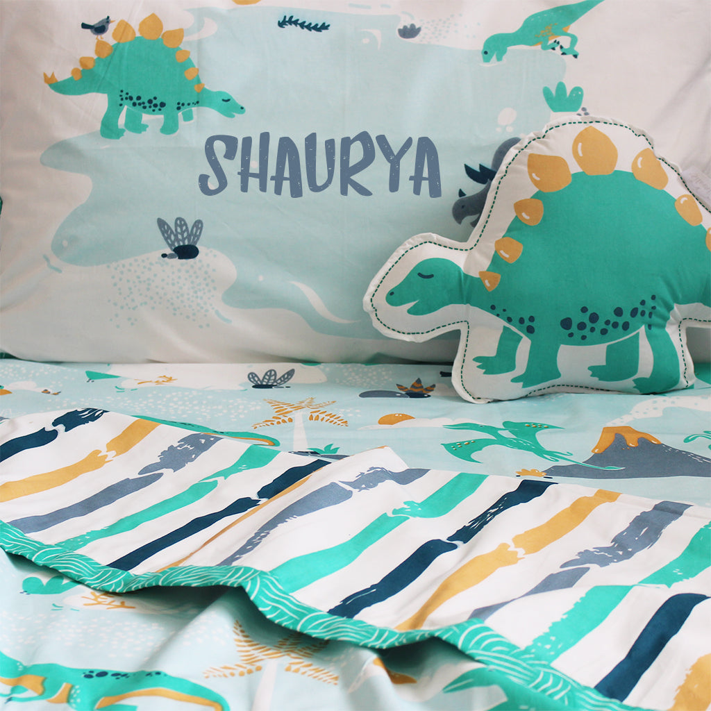 Snooze & Roar Dinosaur Bundle of Joy Single/Double Bedsheet with Pillow Cover, Reversible Blanket & Cushion (Can be Personalised)