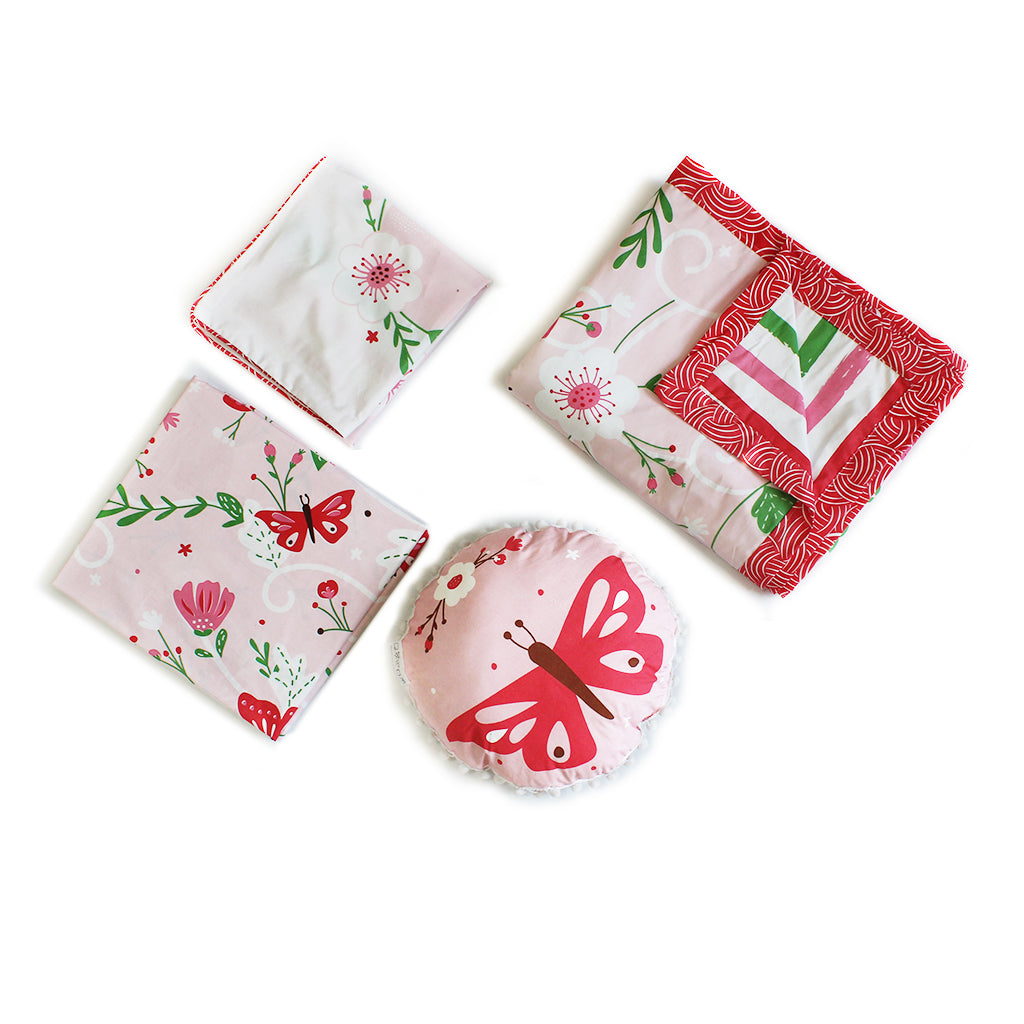 Flowers & Butterflies Bundle of Joy Single/Double Bedsheet with Pillow Cover, Reversible Blanket & Cushion (Can be Personalised)