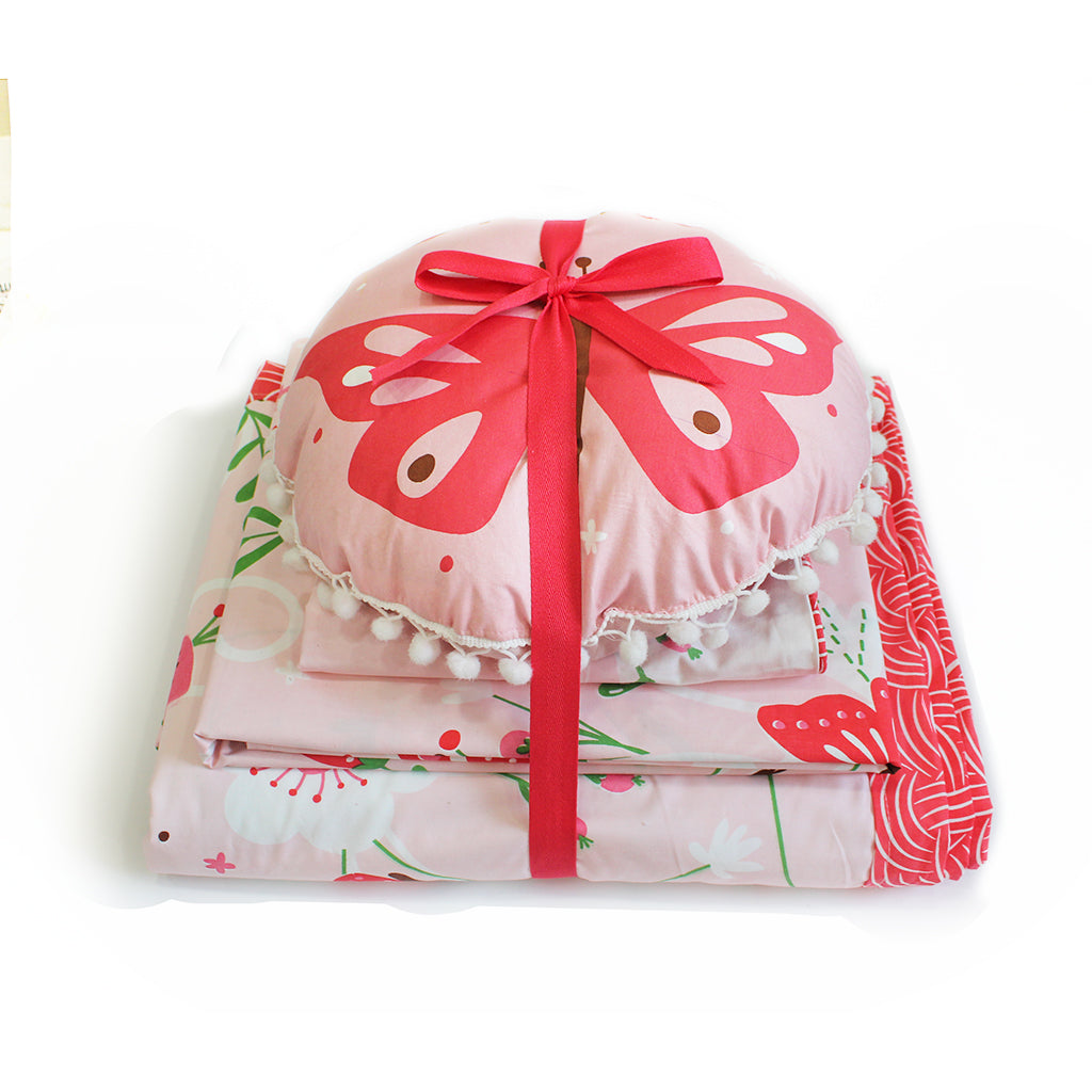 Flowers & Butterflies Bundle of Joy Single/Double Bedsheet with Pillow Cover, Reversible Blanket & Cushion (Can be Personalised)