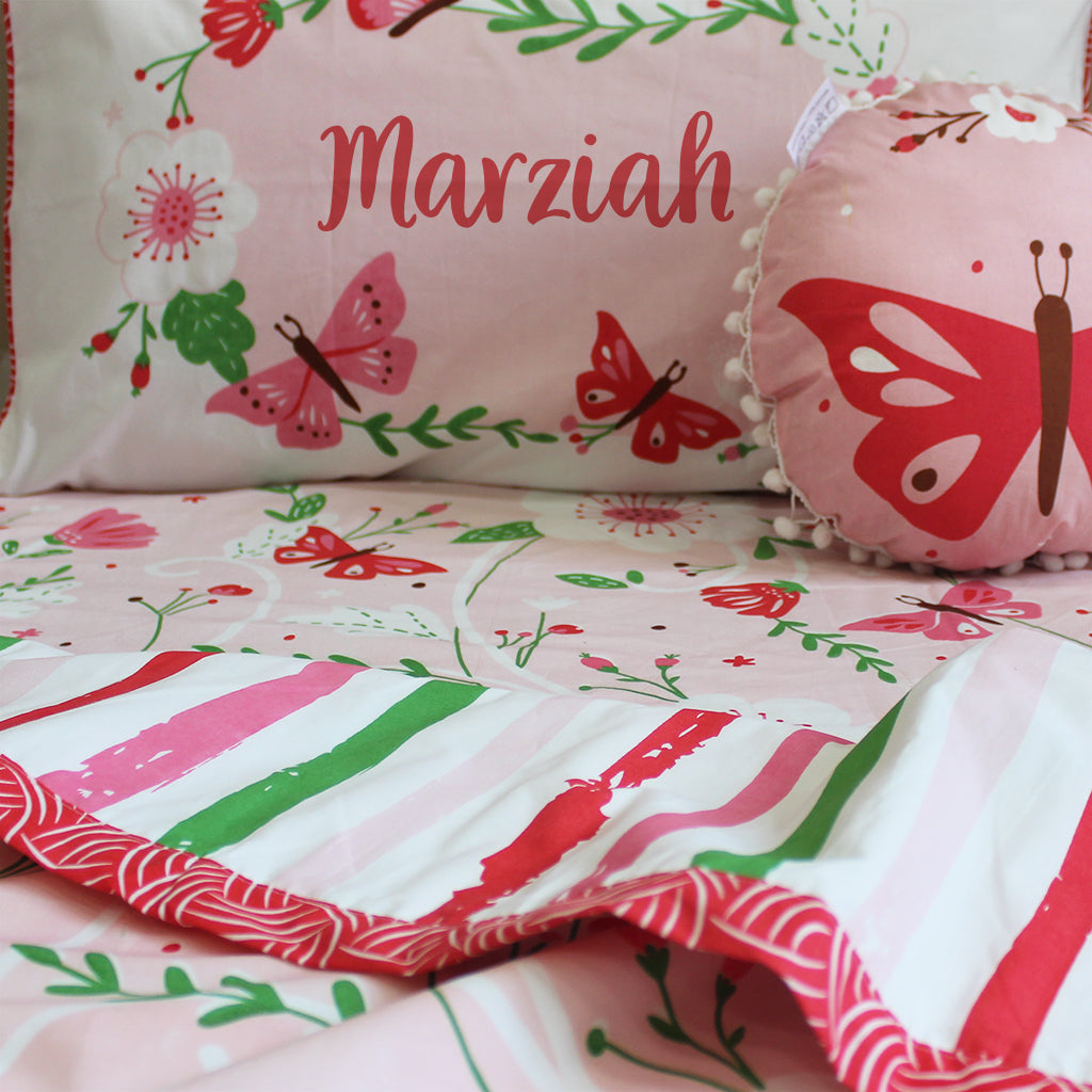 Flowers & Butterflies Bundle of Joy Single/Double Bedsheet with Pillow Cover, Reversible Blanket & Cushion (Can be Personalised)