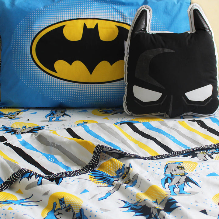 Official DC Comics Batman Bundle of Joy Single/Double Bedsheet with Pillow Cover, Reversible Blanket & Cushion - (Can be Personalised)
