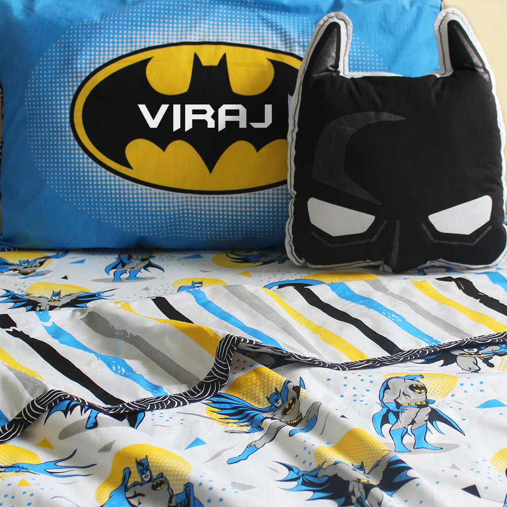 Official DC Comics Batman Bundle of Joy Single/Double Bedsheet with Pillow Cover, Reversible Blanket & Cushion - (Can be Personalised)