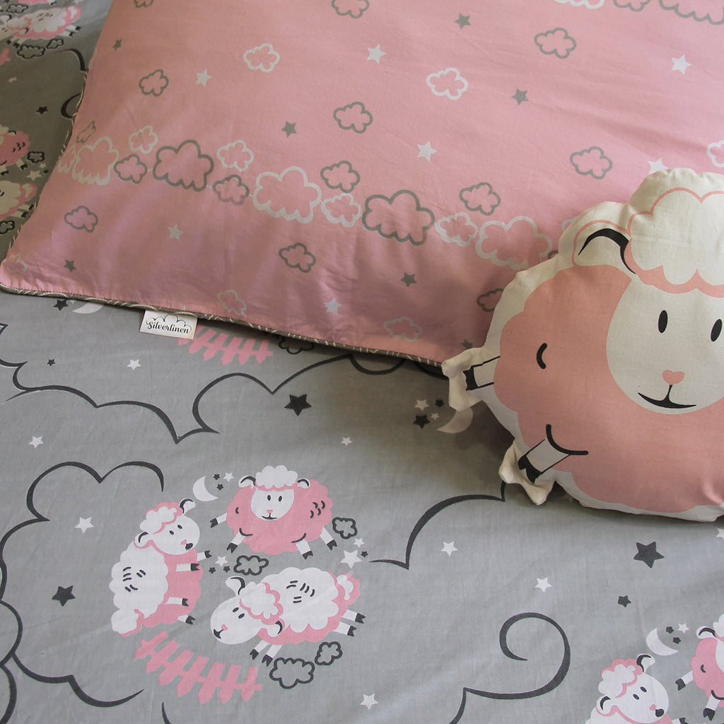 Counting Sheep 100% Cotton Bedsheet for Girls with Pillow Cover - Pink - Single/Double (Can be Personalised)