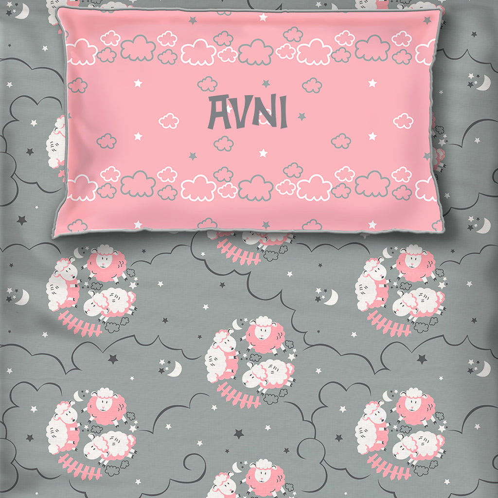 Counting Sheep 100% Cotton Bedsheet for Girls with Pillow Cover - Pink - Single/Double (Can be Personalised)
