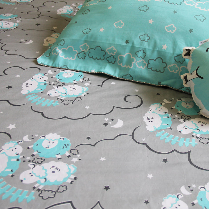 Counting Sheep 100% Cotton Bedsheet for Boys & Girls with Pillow Cover - Blue - Single (Can be Personalised)