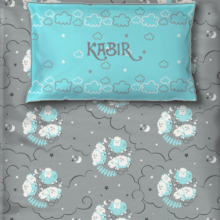 Counting Sheep 100% Cotton Bedsheet for Boys & Girls with Pillow Cover - Blue - Single (Can be Personalised)