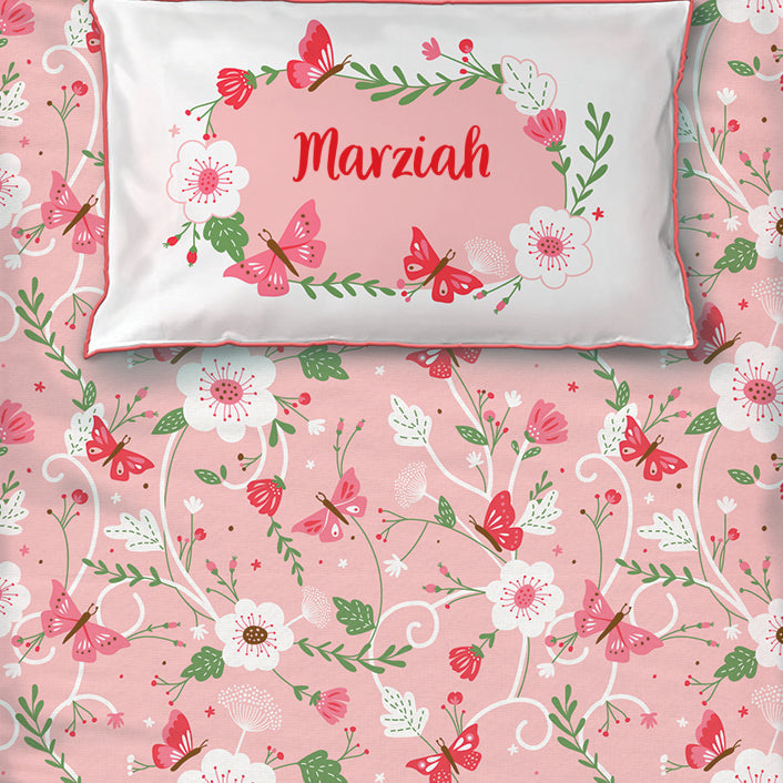 Flowers & Butterflies 100% Cotton Bedsheet for Girls with Pillow Cover - Single/Double (Can be Personalised)