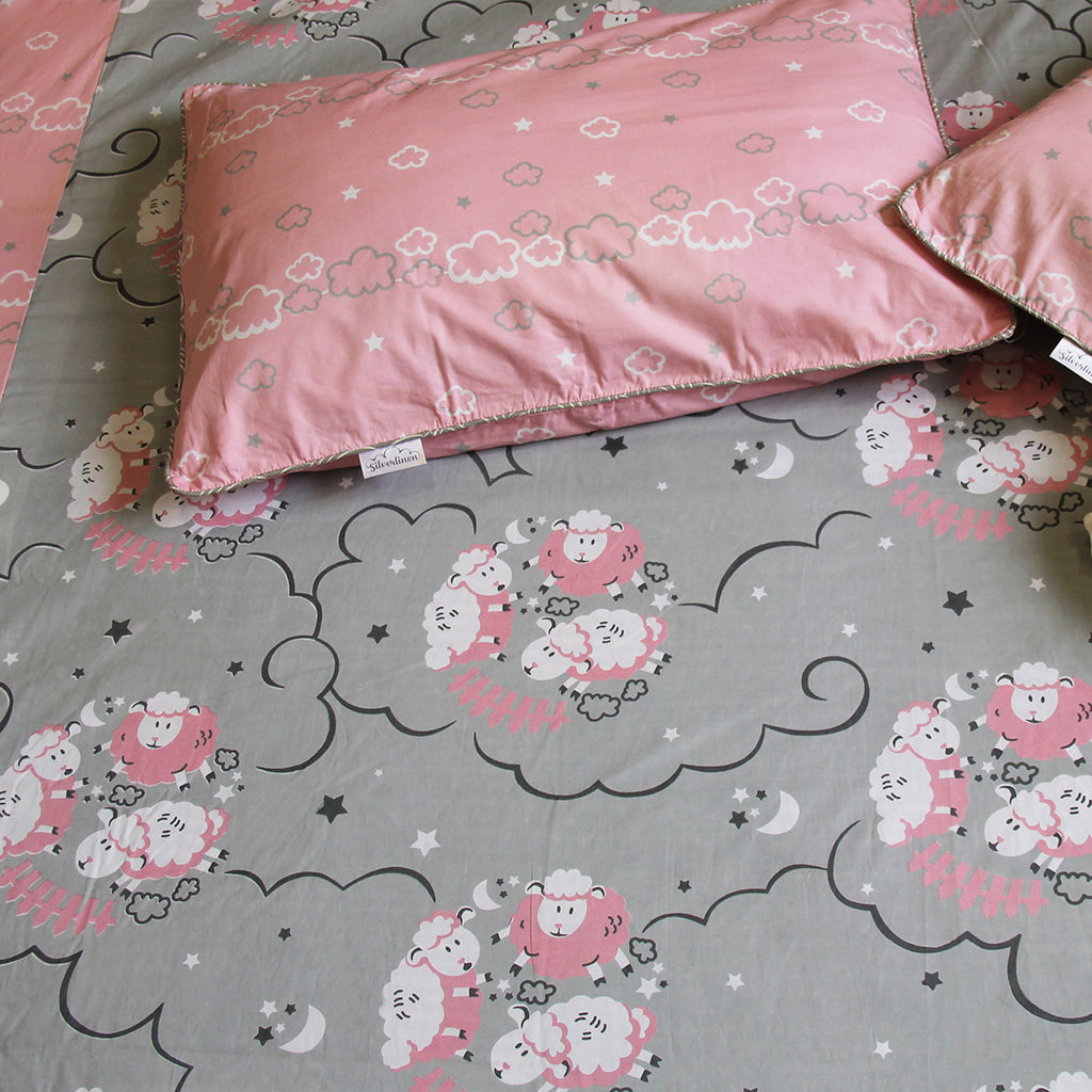 Counting Sheep 100% Cotton Bedsheet for Girls with Pillow Cover - Pink - Single/Double (Can be Personalised)