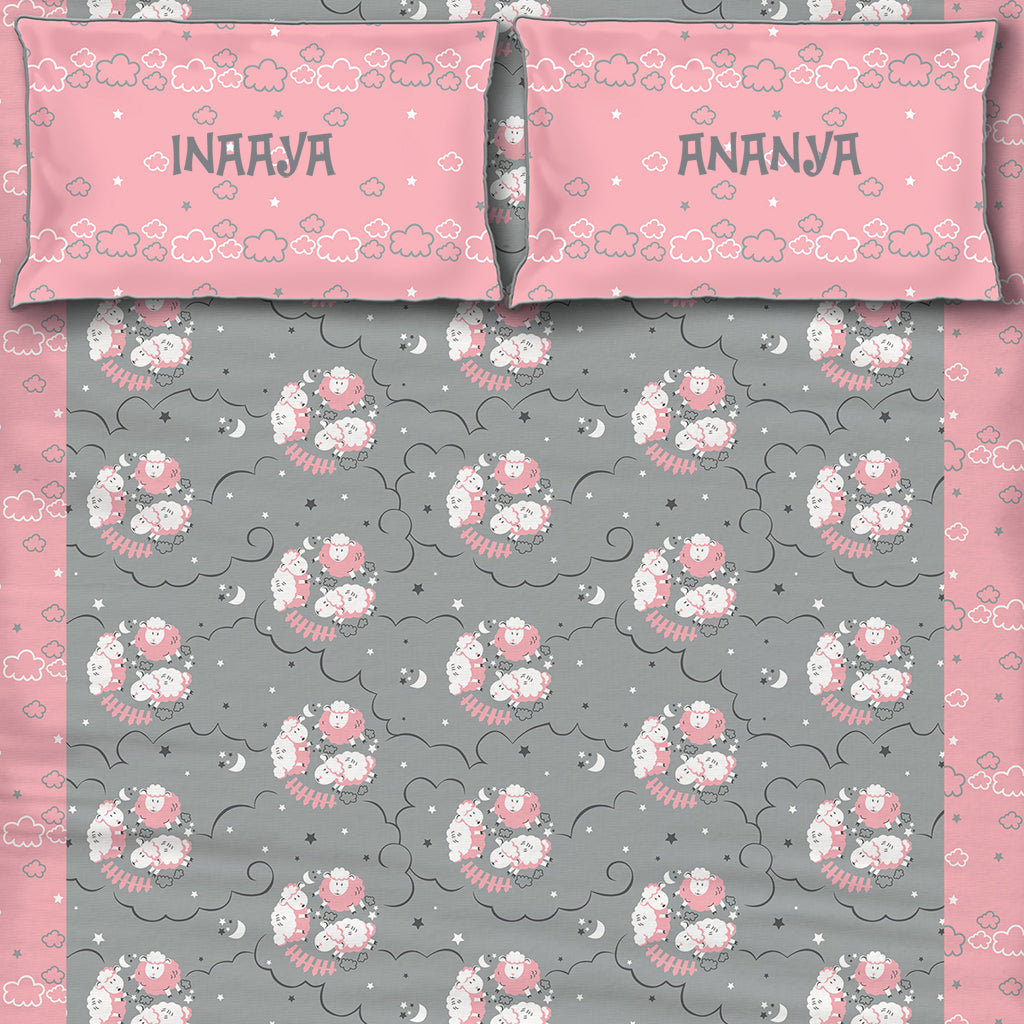 Counting Sheep 100% Cotton Bedsheet for Girls with Pillow Cover - Pink - Single/Double (Can be Personalised)