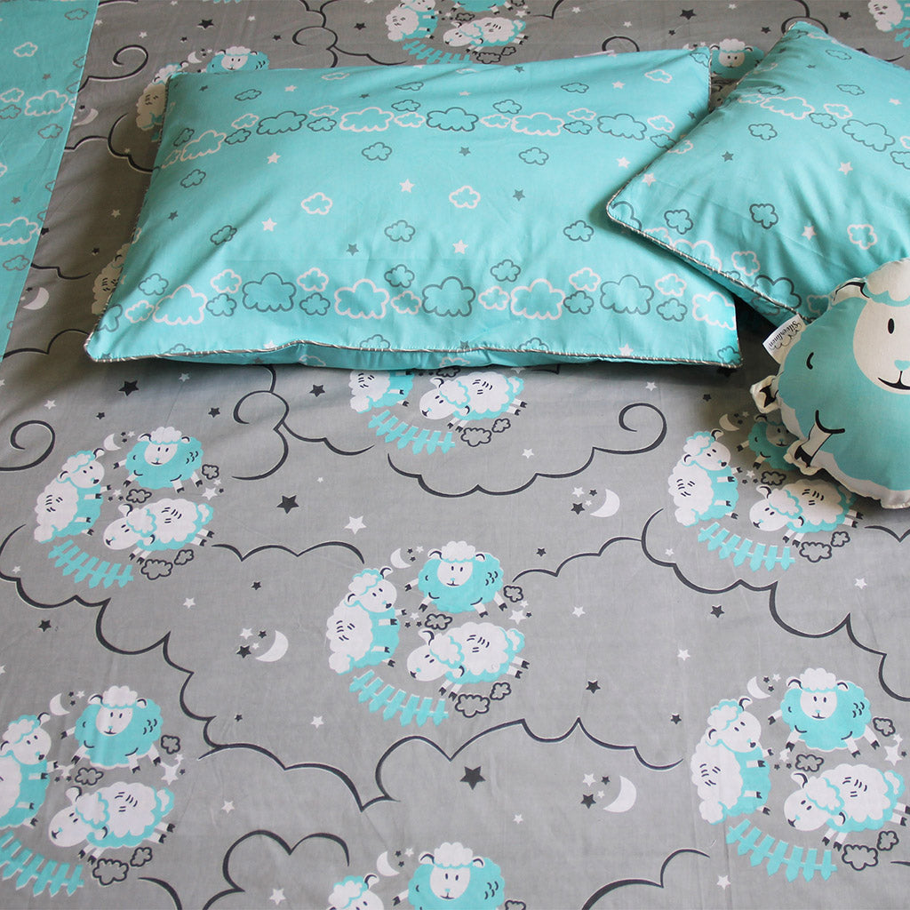 Counting Sheep 100% Cotton Bedsheet for Boys & Girls with Pillow Cover - Blue - Single (Can be Personalised)