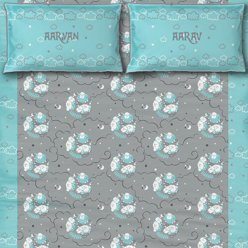 Counting Sheep 100% Cotton Bedsheet for Boys & Girls with Pillow Cover - Blue - Single (Can be Personalised)