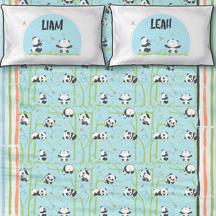 Panda Village 100% Cotton Bedsheet for Boys & Girls with Pillow Cover - Blue - Single/Double (Can be Personalised)