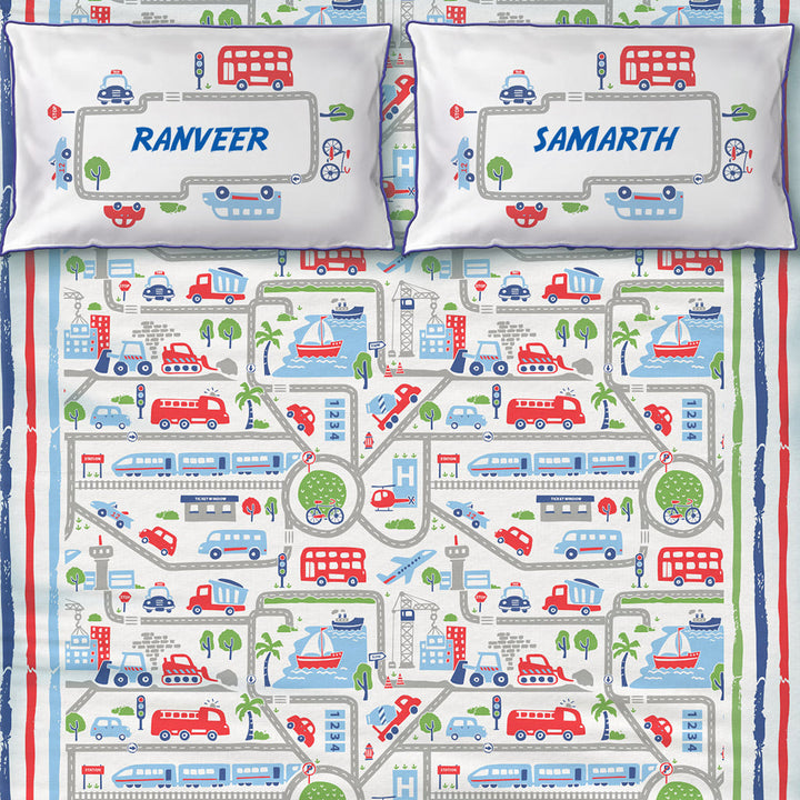 Busy Street 100% Cotton Bedsheet for Boys and Girls with Pillow Cover - Single/Double/King (Can be Personalised)