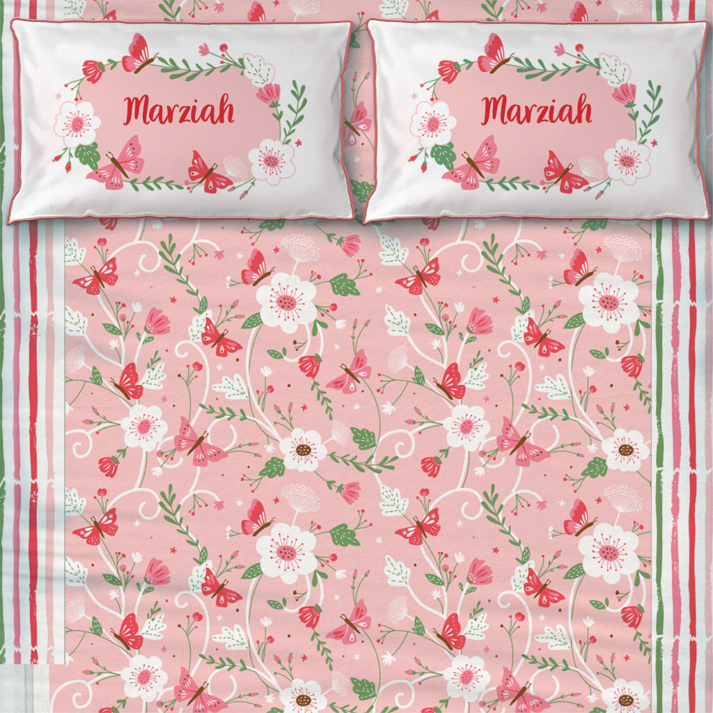 Flowers & Butterflies 100% Cotton Bedsheet for Girls with Pillow Cover - Single/Double (Can be Personalised)